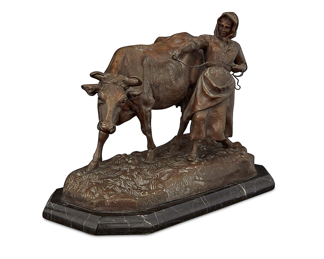 Charles Valton (1851-1918), "Milk Maiden with Calf": Charles Valton (1851-1918) "Milk Maiden with Calf" Patinated bronze on marble plinth Signed in the casting: C. VALTON Bronze: 9.75" H x 14.25" W x 6.375" D; Overall: 10.875" H x 15" W x 7.75" D Prove