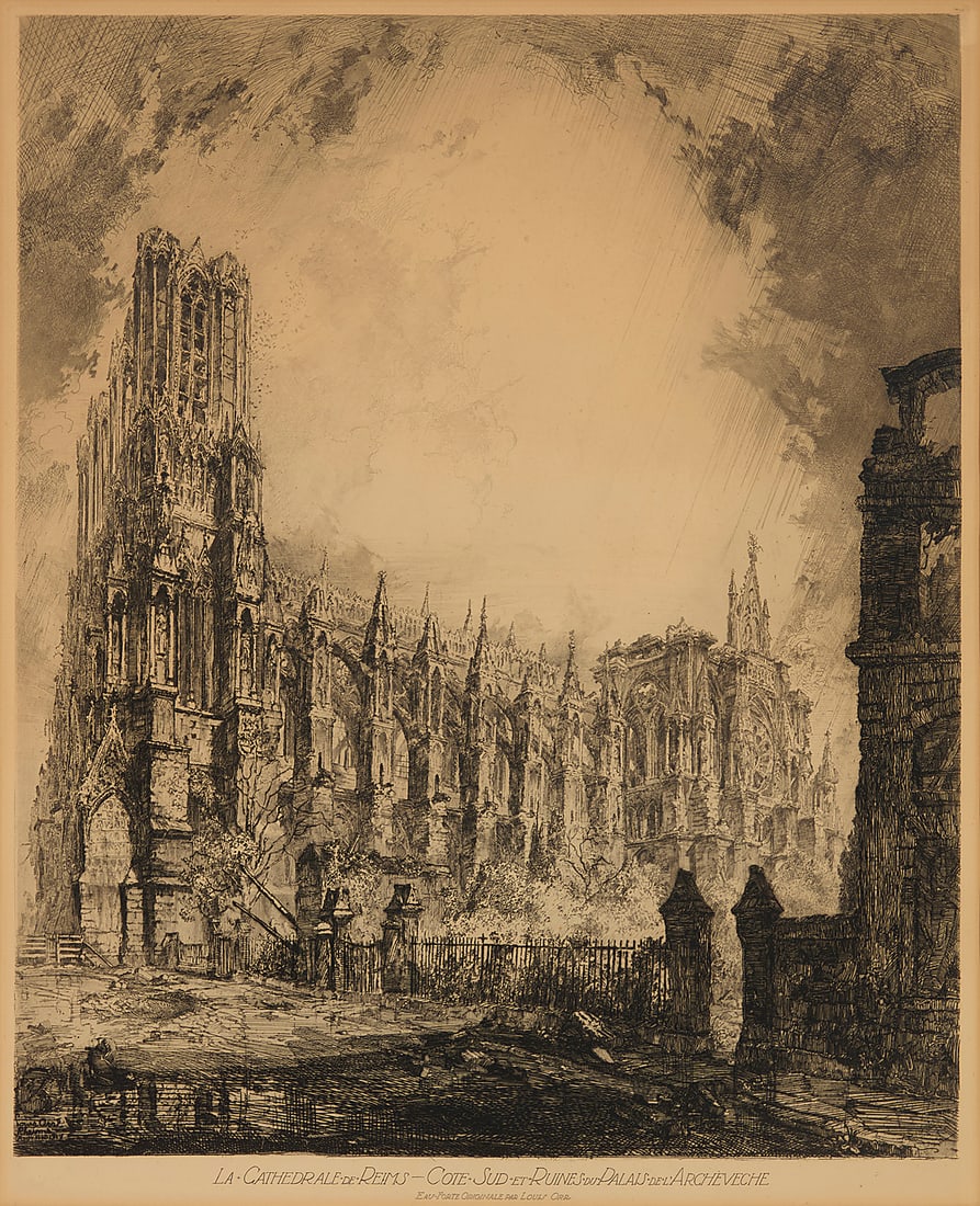 Louis Orr (1879-1966) "La Cathedrale de Reims - Cote Sud et Ruines du Palais de l'Archeveche," (1 of 5)
