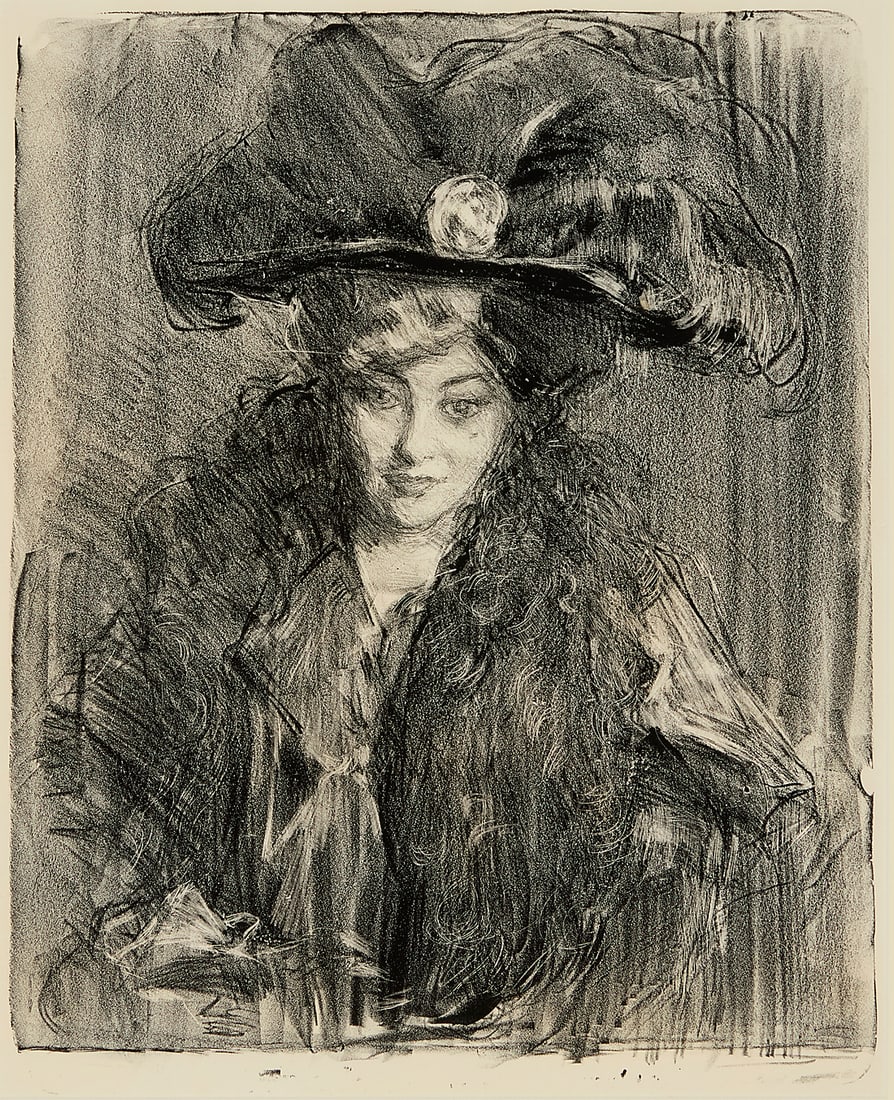 Albert Belleroche (1864-1944) "Mrs. Millbank with a Plumed Hat," circa 1905 Lithograph on paper: Albert Belleroche (1864-1944) "Mrs. Millbank with a Plumed Hat," circa 1905 Lithograph on paper From the edition of 15 Appears unsigned; titled, dated, and inscribed "Ref. Lg book 492," in pencil, in 
