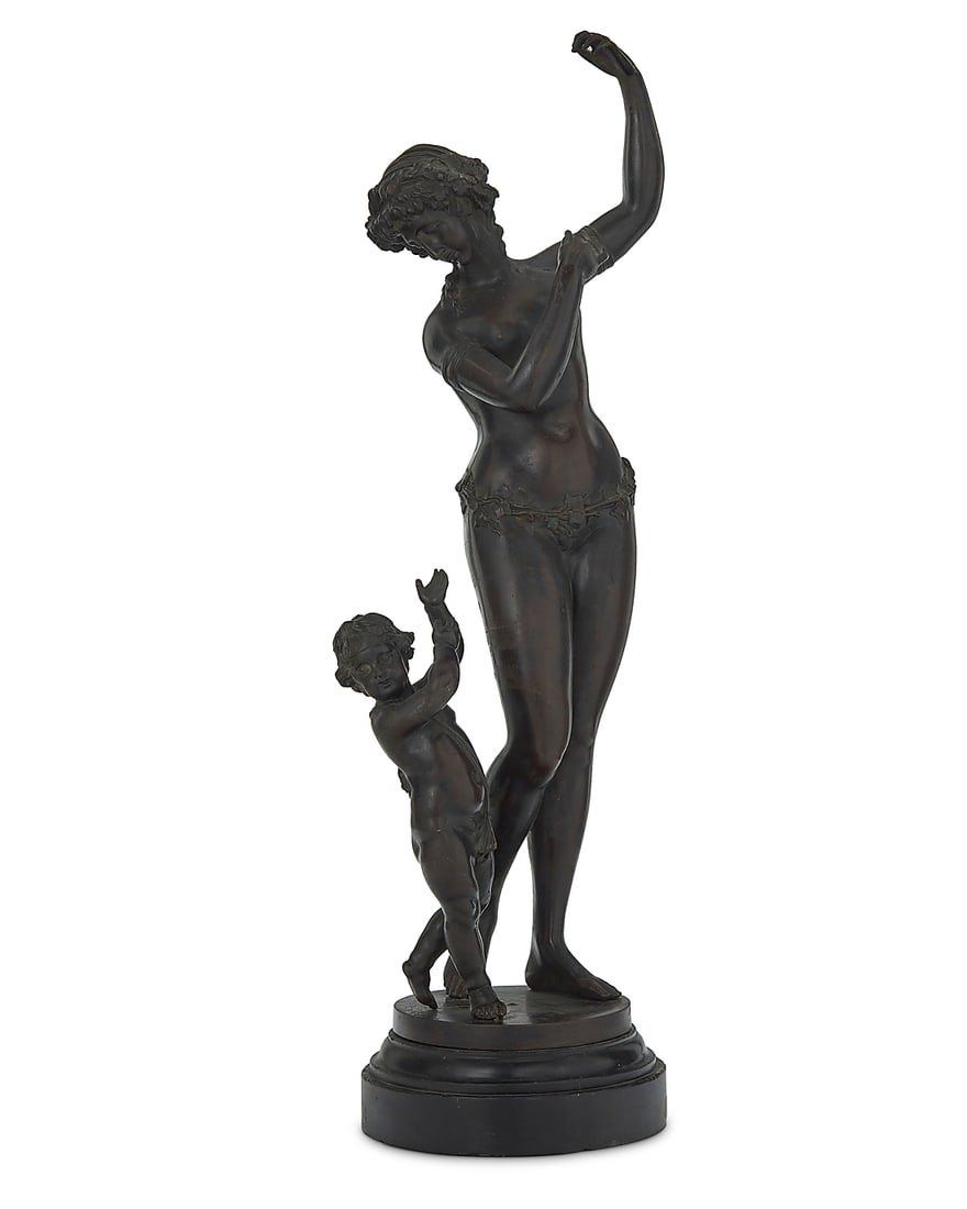 A French patinated bronze figural group of a Maenad and baby satyr Late 19th/early 20th century: A French patinated bronze figural group of a Maenad and baby satyr Late 19th/early 20th century Unmarked Raised on a composition base Bronze: 20" H x 7.25" W x 5" D; Overall: 21.5" H x 7.25" W x 6" D
