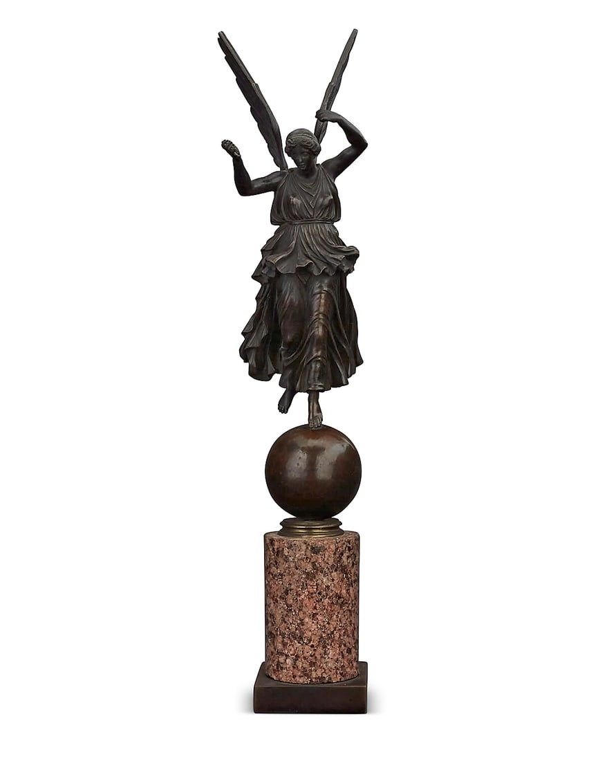 A patinated bronze of Winged Victory of Samothrace: A patinated bronze of Winged Victory of Samothrace 20th century Unmarked On a marble and bronze plinth Overall: 20.125" H x 4.5" W x 5.75" D