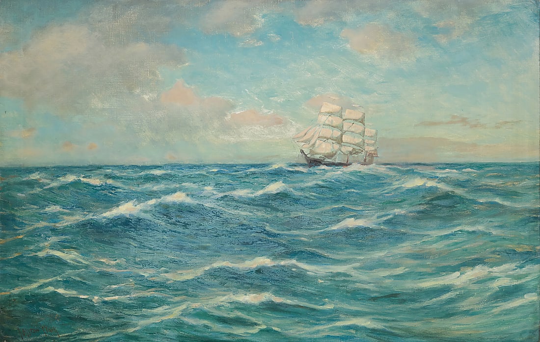 C. Myron Clark (1858-1925) Ship at sea Oil on canvas Signed lower left: C. Myron Clark 22 1/8 x (1 of 5)