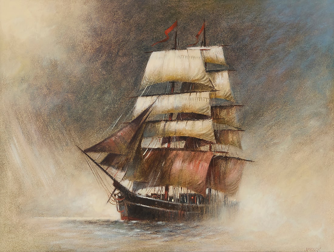 John Kelly (b. 1939) Clipper ship at sea Watercolor and gouache on board Signed lower right: J (1 of 5)