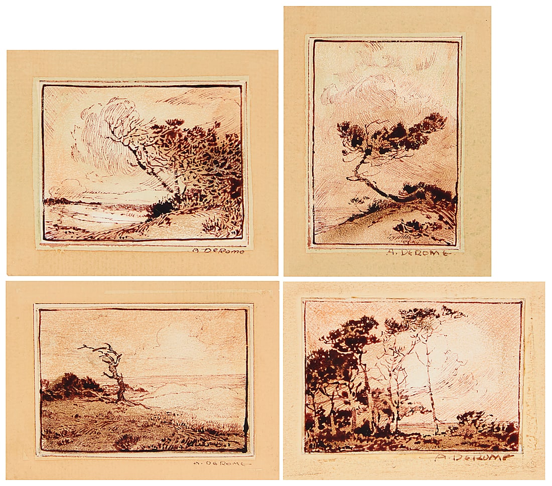 Albert Thomas De Rome (1885-1959) Four works: "Monterey Dunes" Sanguine ink on paper mounted to (1 of 19)