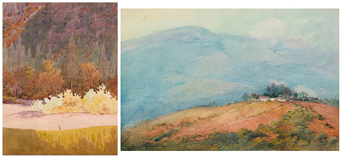 Albert Thomas De Rome , (1885-1959): Albert Thomas De Rome (1885-1959) Two works: "Hilltop Ranch, Back of Los Gatos, Looking West," 1928 Watercolor on artist's board Signed lower left: A. De Rome; titled, dated, and inscribed in ink, ver