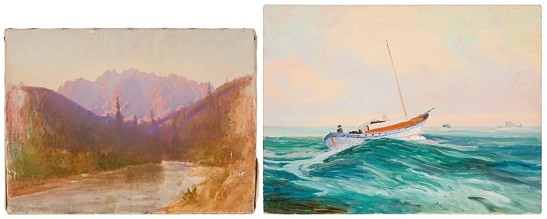 Albert Thomas De Rome , (1885-1959): Albert Thomas De Rome (1885-1959) Two works: Landscape with mountains and a river Oil on canvas Unsigned 15 x 20in Boat riding the waves Oil on canvasboard Unsigned 18 x 23 3/4in