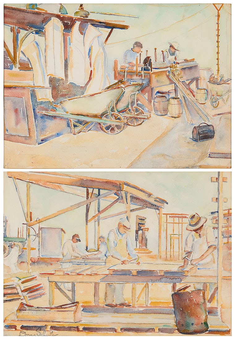 Donna Schuster (1883-1953) Two pieces: "Construction" #1 Watercolor on paper Signed lower left: (1 of 11)