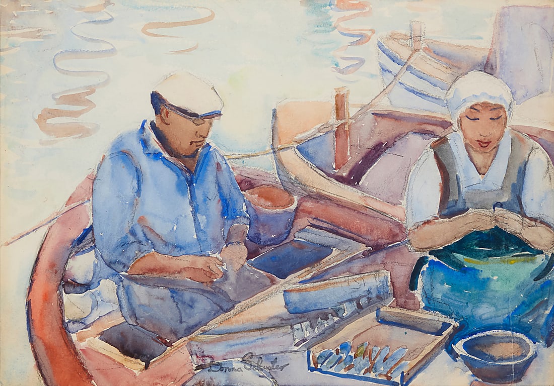 Donna Schuster (1883-1953) Two figures on a boat Watercolor on paper Stamped signature lower: Donna Schuster (1883-1953) Two figures on a boat Watercolor on paper Stamped signature lower center: Donna Schuster Sight: 11 3/4 x 16 3/4in