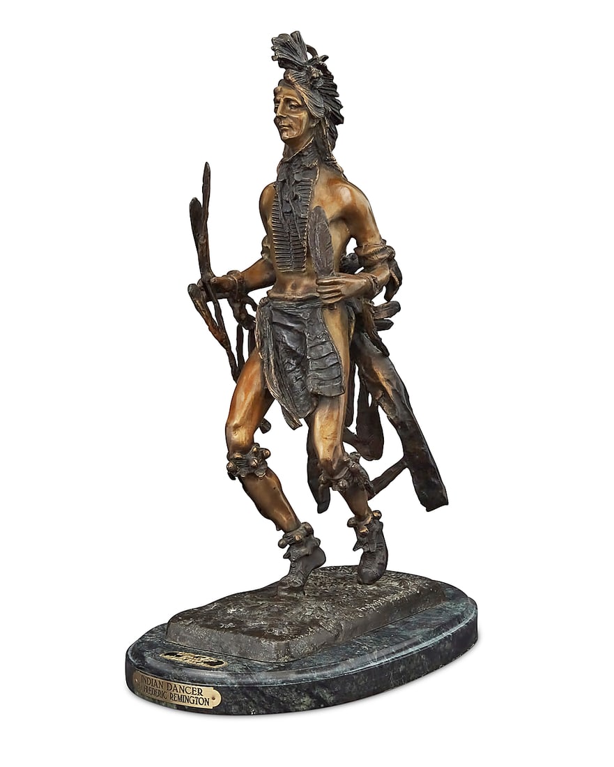 After Frederic Remington (1861-1909) "Indian Dancer" Patinated and polished bronze on marble: After Frederic Remington (1861-1909) "Indian Dancer" Patinated and polished bronze on marble plinth Edition: 2/10 Signed and numbered in the casting: Frederic Remington; with applied metal label: MGM 