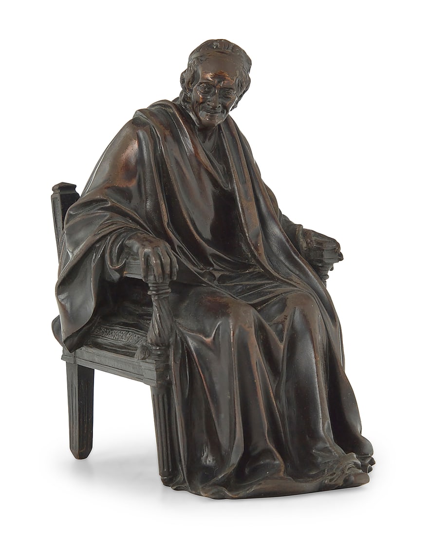 A French patinated bronze figure of Voltaire After the model by Jean-Antoine Houdon (1741-1828),: A French patinated bronze figure of Voltaire After the model by Jean-Antoine Houdon (1741-1828), 19th century Unmarked 7" H x 4.5" W x 5.625" D