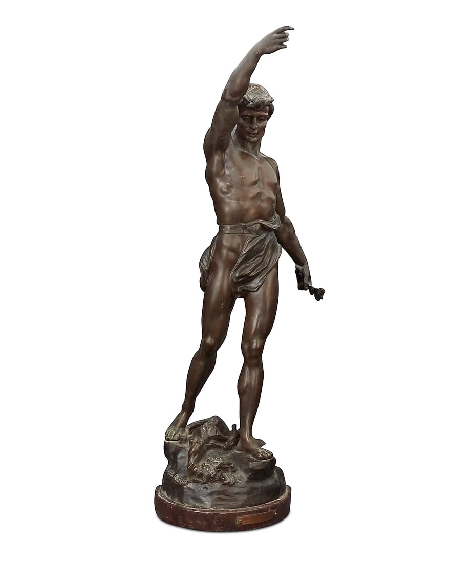 After Marcel Debut (1865-1933) "Aladdin and the Magic Lamp," modeled circa 1890 Patinated bronze: After Marcel Debut (1865-1933) "Aladdin and the Magic Lamp," modeled circa 1890 Patinated bronze on marble plinth Signed in the casting: Marcel Debut Bronze: 26.5" H x 9.5" W x 10.5" D; Overall: 27.75