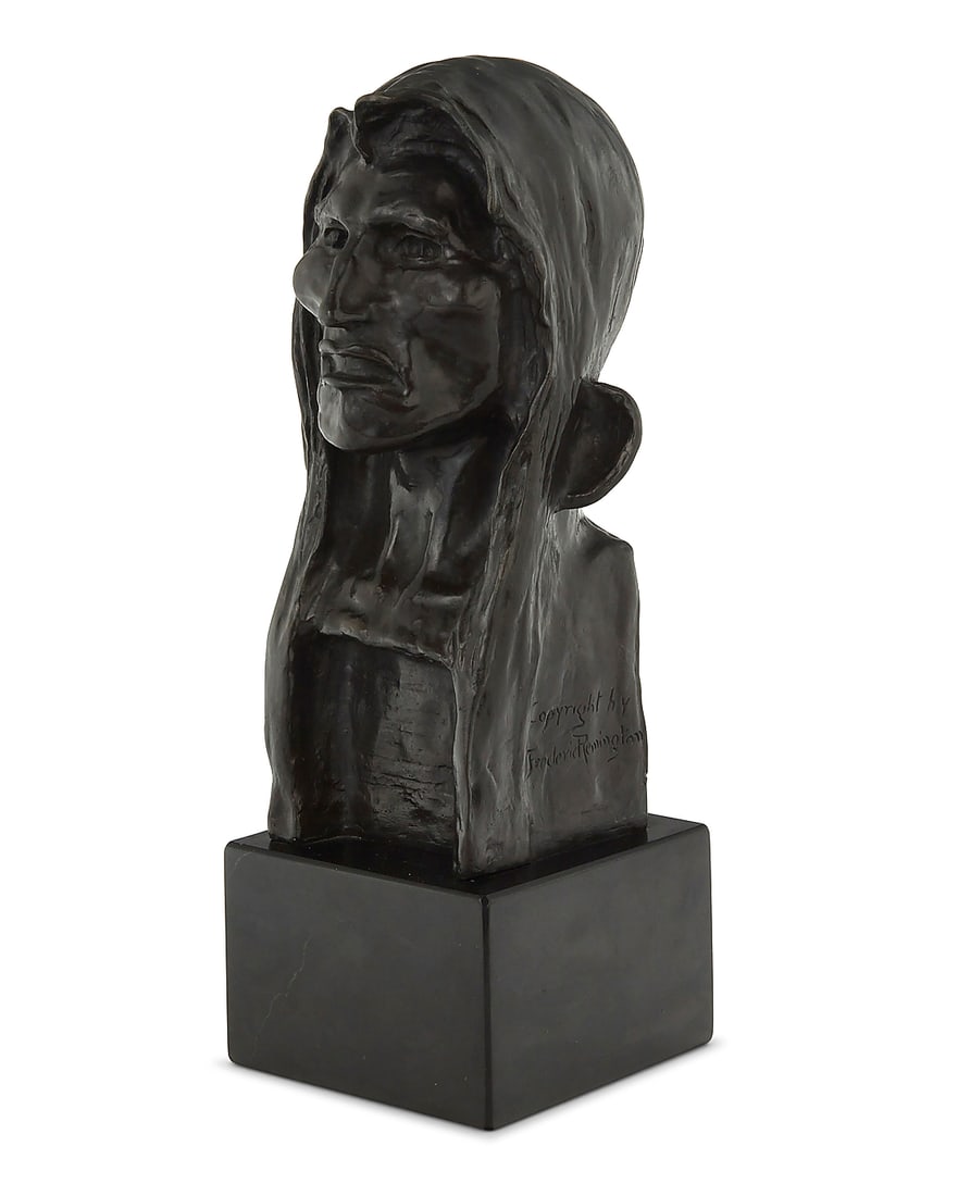 After Frederic Remington (1861-1909) "The Savage," modeled 1908 Patinated bronze on stone plinth (1 of 7)