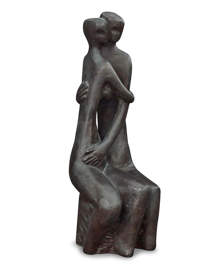 20th Century Modern School Figural group Patinated bronze Signed in the casting: e 17.25" H x: 20th Century Modern School Figural group Patinated bronze Signed in the casting: e 17.25" H x 6.125" W x 7.375" D