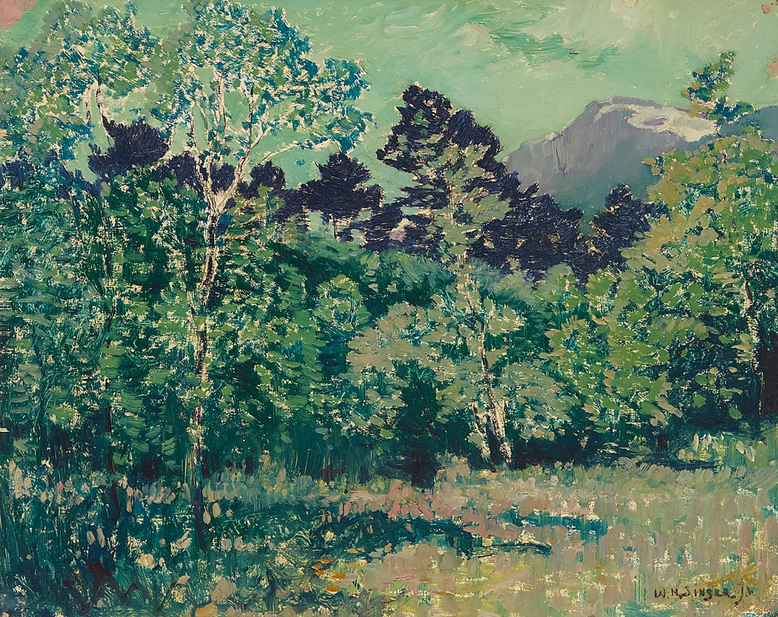William Henry Singer, Jr. (1868-1943), Verdant landscape: William Henry Singer, Jr. (1868-1943) Verdant landscape Oil on panel Signed lower left: W. H. Singer Jr; dedicated in another hand, verso 13 x 16 1/8in Provenance: Estate of the artist Priv