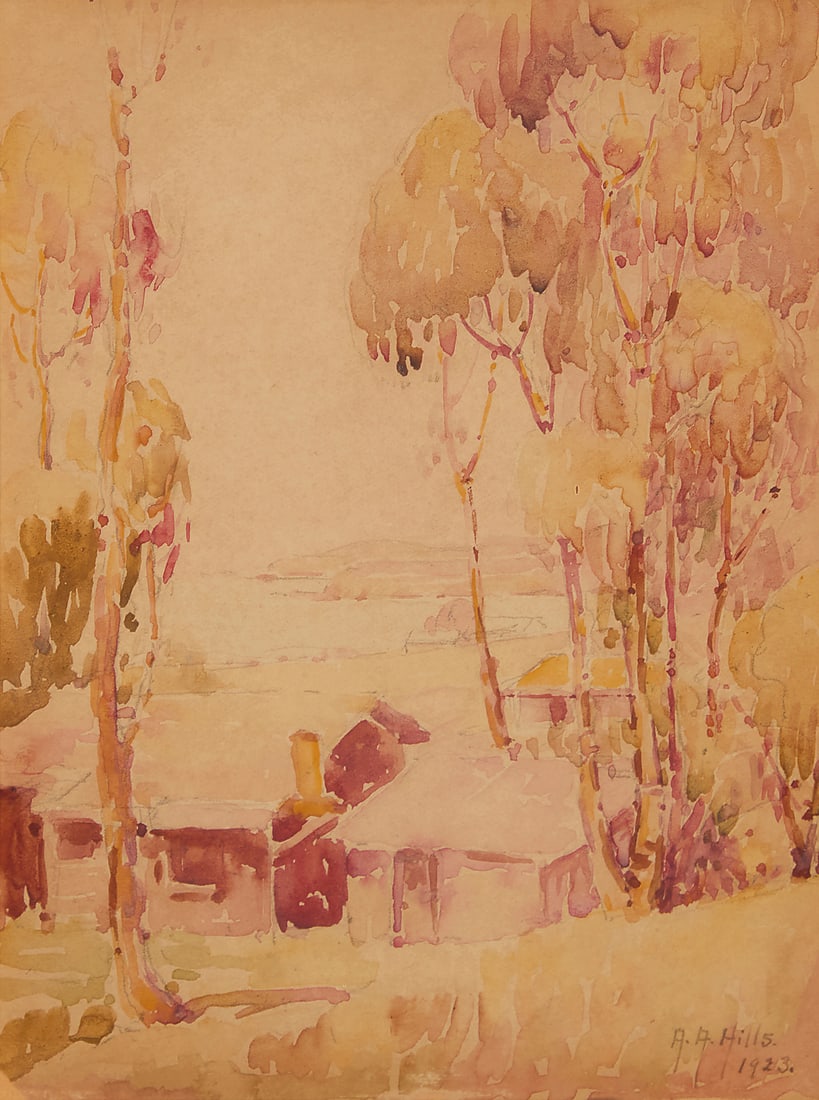 Anna Althea Hills (1882-1930) "A Glimpse of the Sea, Laguna Beach," 1923 Watercolor on: Anna Althea Hills (1882-1930) "A Glimpse of the Sea, Laguna Beach," 1923 Watercolor on paperboard Signed and dated lower right: A. A. Hills. / 1923; signed again, titled (twice), and inscribed in a co