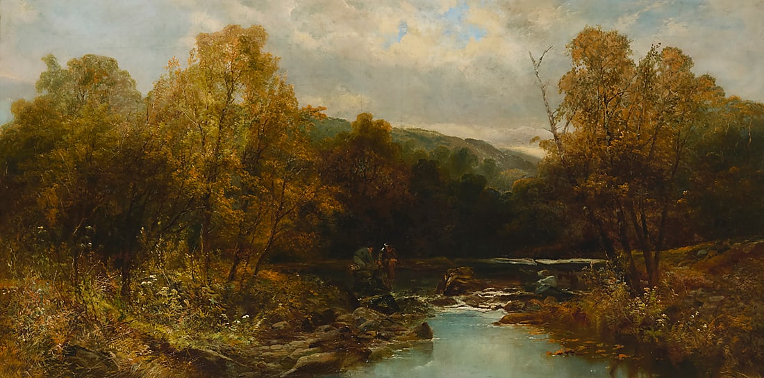 William Widgery (1822-1893) Figures along a river Oil on canvas Signed lower left: W. Widgery 30: William Widgery (1822-1893) Figures along a river Oil on canvas Signed lower left: W. Widgery 30 x 60in Provenance: Founders Gallery, Beverly Hills, CA, May 20, 1990 Private collection, New
