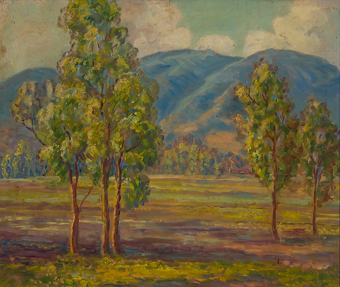 20th Century California School Trees with purple mountain vistas Oil on panel Unsigned 18 1/8 x 21 (1 of 4)
