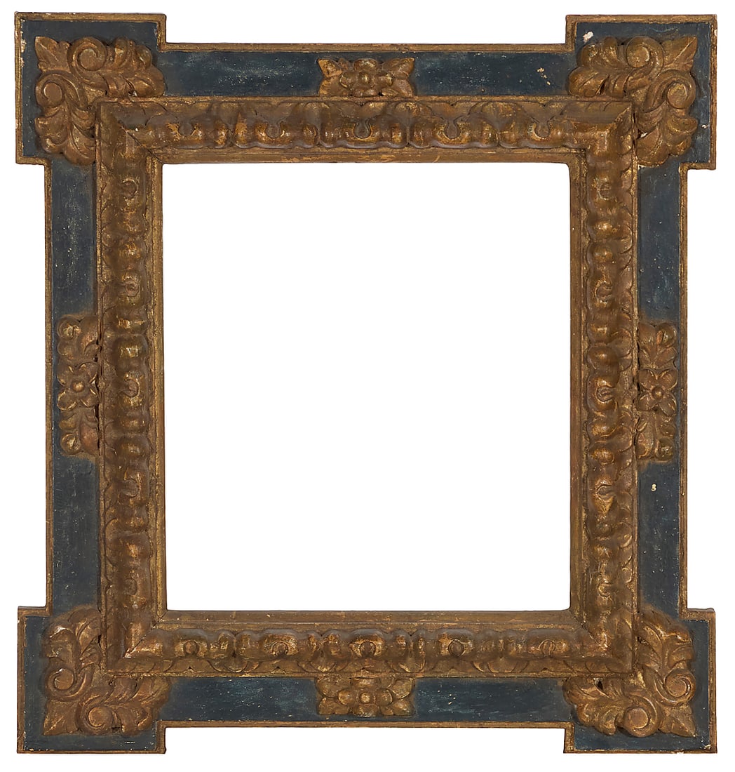 A painted carved wood 'kit kat' frame Carved with copper-toned floral motifs with a black border (1 of 3)
