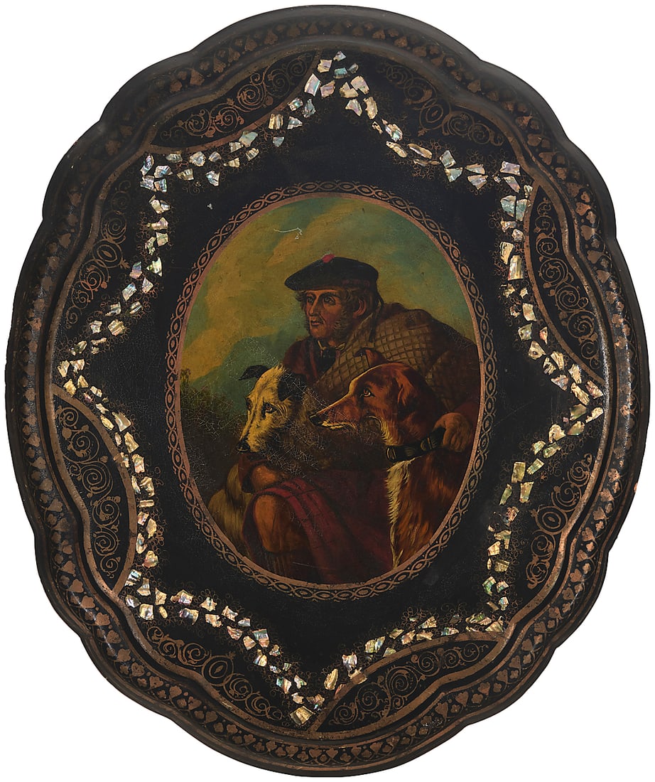 A Victorian papier-mâché table top Mid/late 19th century Unmarked As a wall panel, with mother: A Victorian papier-mâché table top Mid/late 19th century Unmarked As a wall panel, with mother of pearl on a black lacquered ground, centered by a portrait of a Scotsman with two hounds Image: 13.87