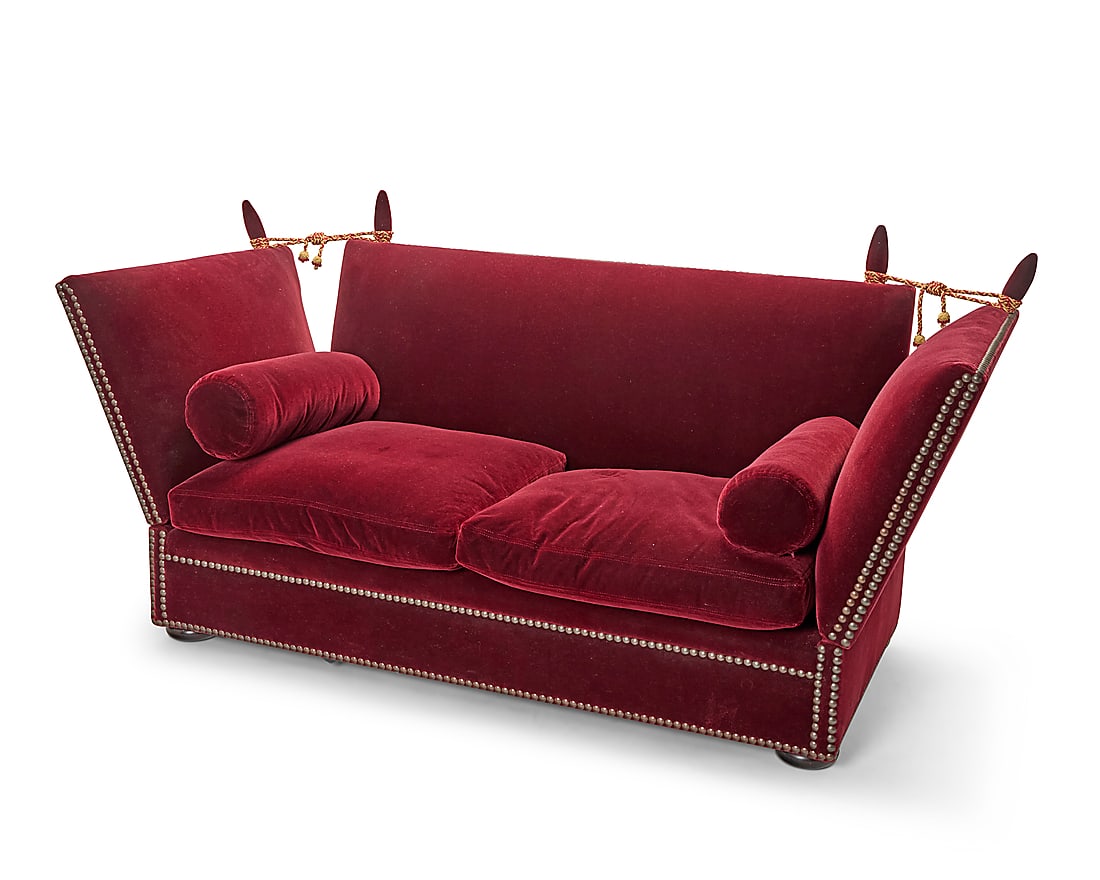 A George Smith velvet 'Tiplady Knole' sofa Late 20th century With metal tag: GEORGE SMITH /: A George Smith velvet 'Tiplady Knole' sofa Late 20th century With metal tag: GEORGE SMITH / HANDMADE BY CRAFTSMEN / NEWCASTLE ENGLAND With brass tacking and cording, raised on bun feet Stored: 45.25" 
