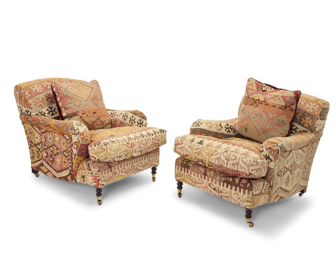 A pair of George Smith Kilim textile upholstered club chairs Late 20th century Each with metal (1 of 13)