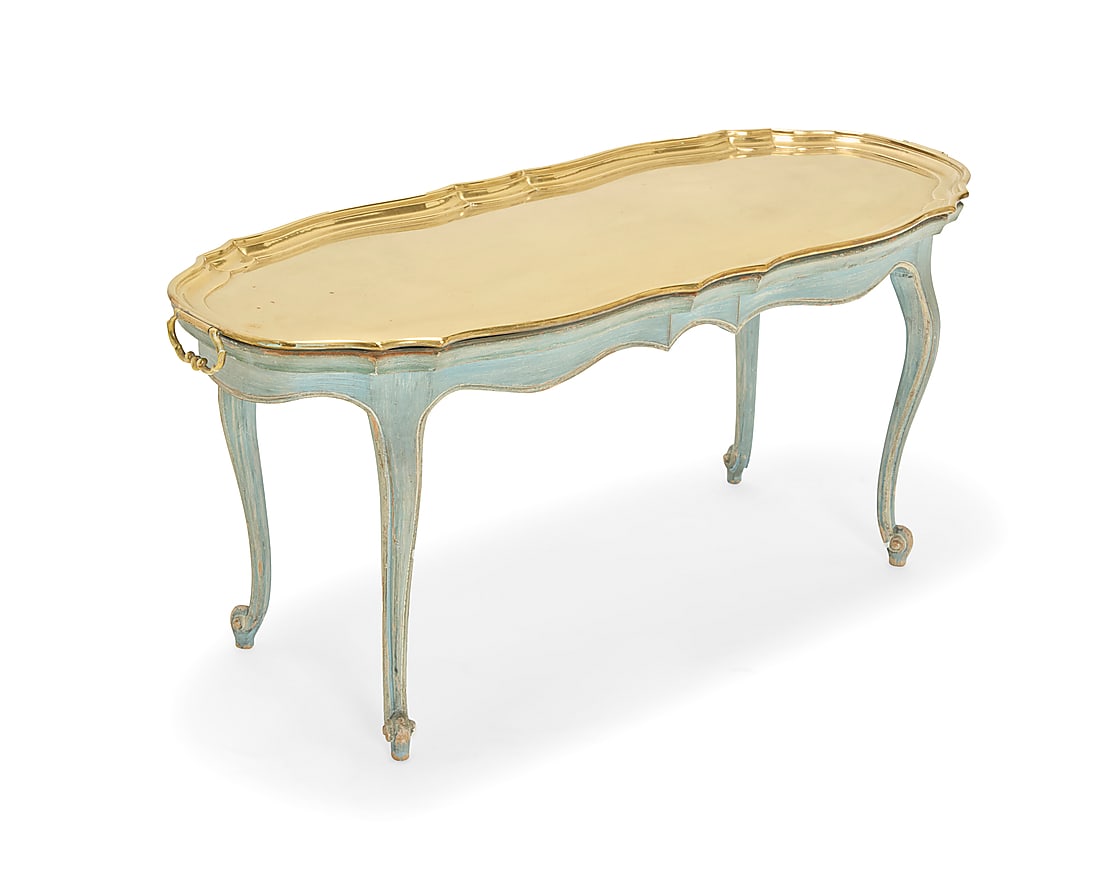 A Louis XV style brass tray top coffee table 20th century Tray twice impressed: MADE IN GERMANY (1 of 6)