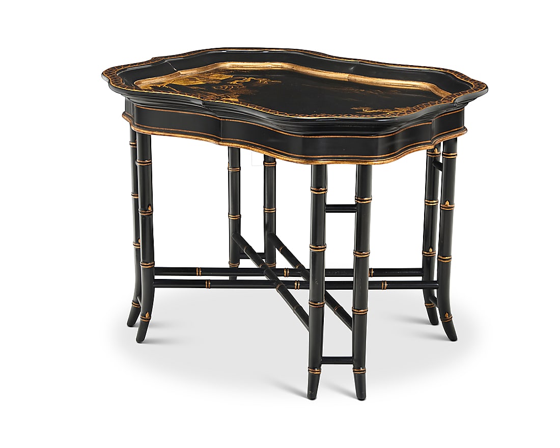 A Contemporary japanned tray on stand Late 20th/early 21st century The ebonized wood tray with (1 of 7)