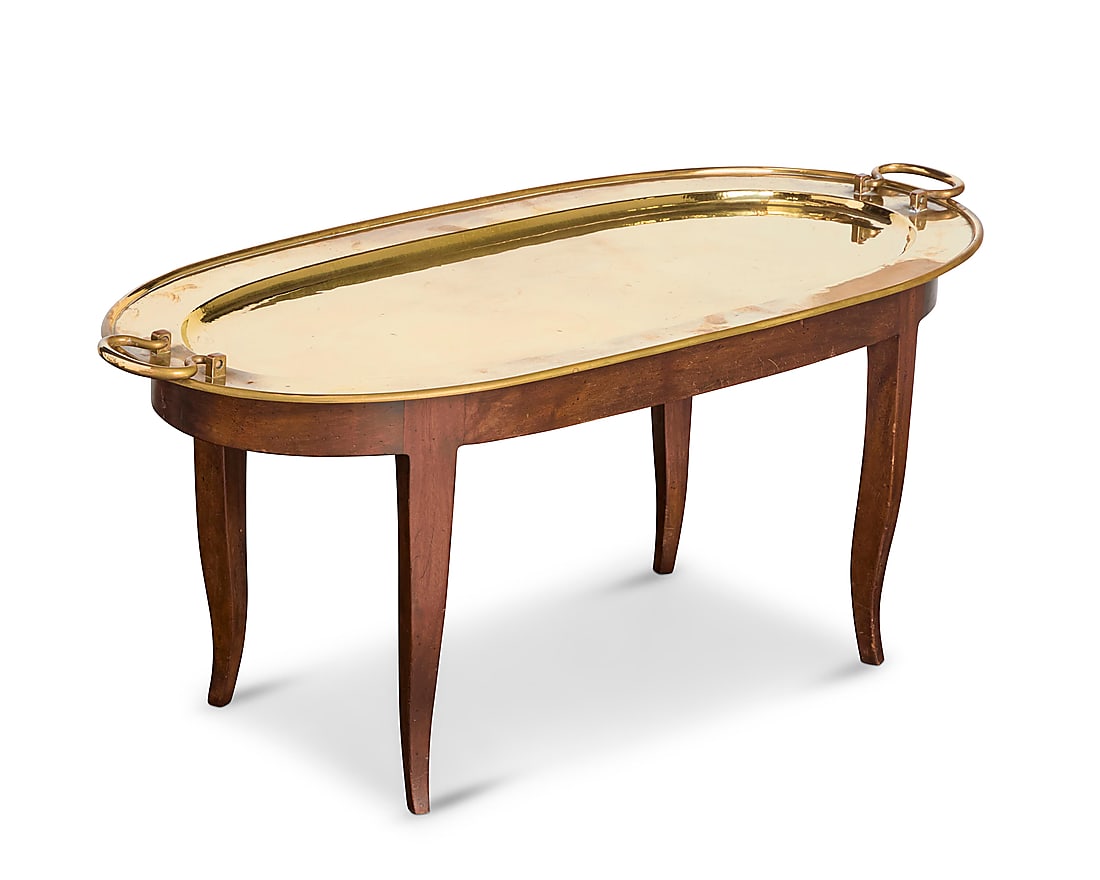 A William Van Erp brass oval tray top coffee table Mid-20th century With 'open box' windmill mark: (1 of 8)