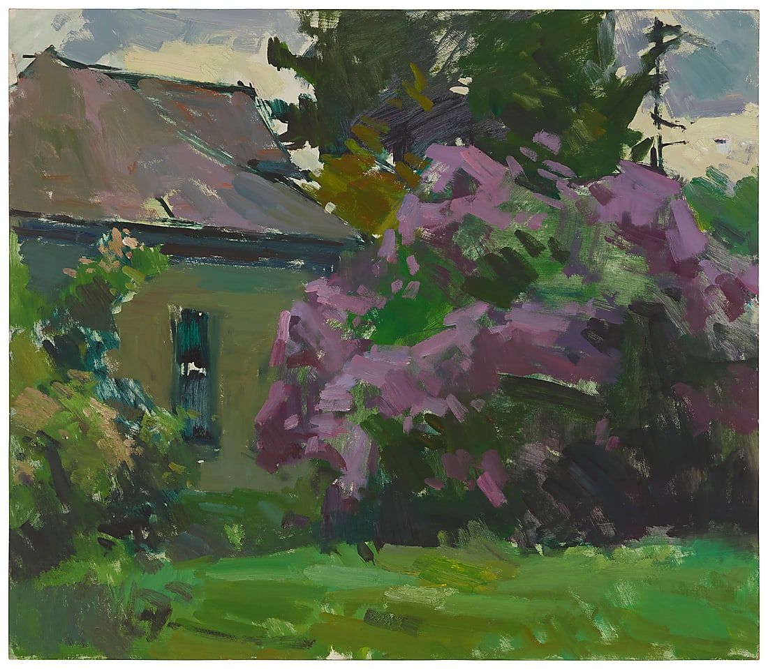 Sergei Bongart (1918-1985) Trees and lilac bushes near a house Oil on Masonite Unsigned 26 x (1 of 3)