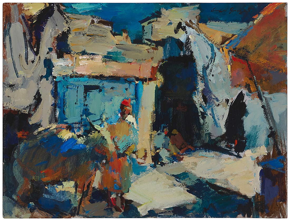 Sergei Bongart (1918-1985) Figures on a village street Oil on Masonite Signed upper right:: Sergei Bongart (1918-1985) Figures on a village street Oil on Masonite Signed upper right: Sergei Bongart 30 x 40in Provenance: The Estate of Sergei Bongart