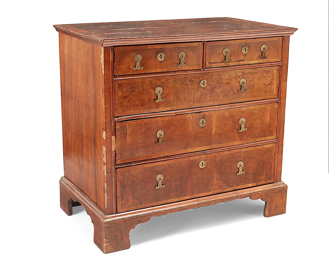 A George I walnut chest Early 18th century The chest with five locking drawers with burlwood (1 of 8)