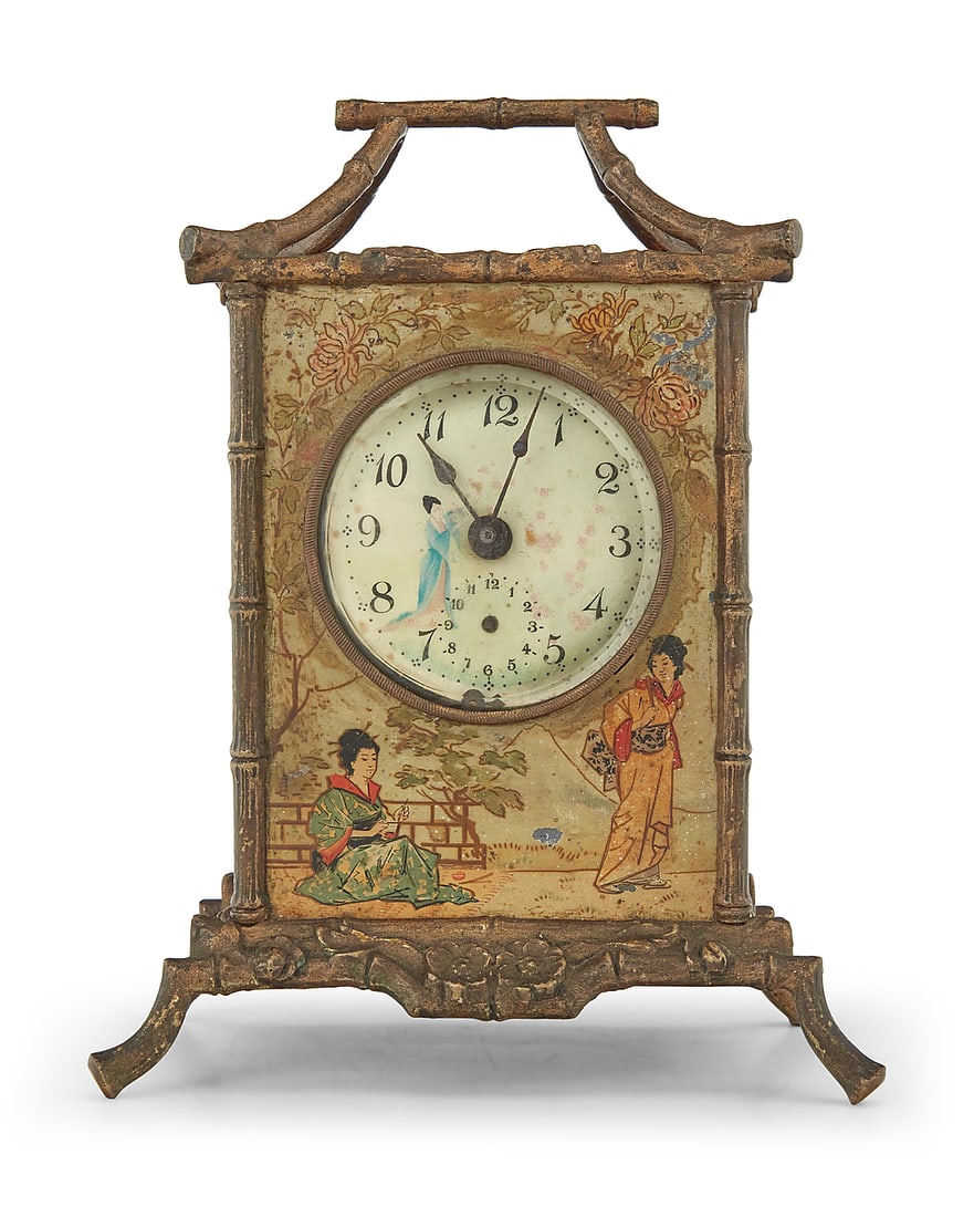 A French chinoiserie carriage clock Late 19th/early 20th century With unknown impressed mark to: A French chinoiserie carriage clock Late 19th/early 20th century With unknown impressed mark to movement The gold-toned metal case with painted tole panels depicting figural scenes, housing a single-m