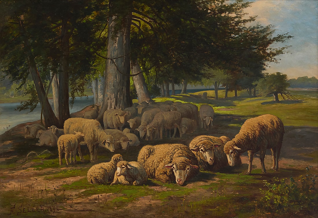 Frank Selzer (1849-1916) Sheep finding shade under a tree, 1891 Oil on canvas Signed and dated (1 of 5)
