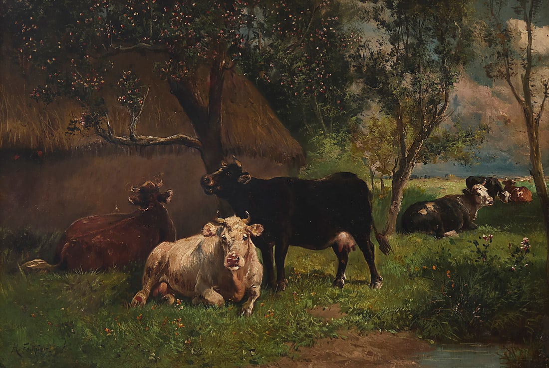 H. Founier (19th/20th Century) "Sunday Morning" Oil on board Signed lower left: H. Founier;: H. Founier (19th/20th Century) "Sunday Morning" Oil on board Signed lower left: H. Founier; titled on an old label affixed to the verso 20 x 29 3/4in Provenance: Private estate, California