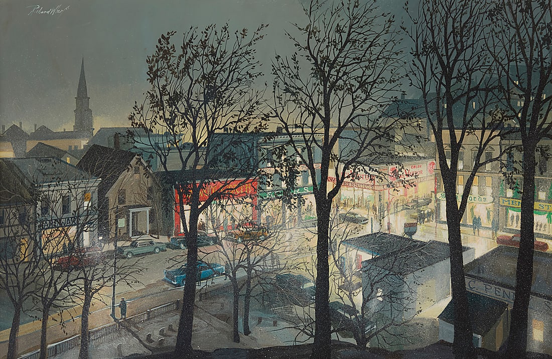 Richard Whorf 1906-1966 "Open All Night" Oil on board with a foamcore interior Signed upper: Richard Whorf 1906-1966 "Open All Night" Oil on board with a foamcore interior Signed upper left: Richard Whorf 24 1/4 x 36 1/4in Provenance: Private estate, California Other Notes: