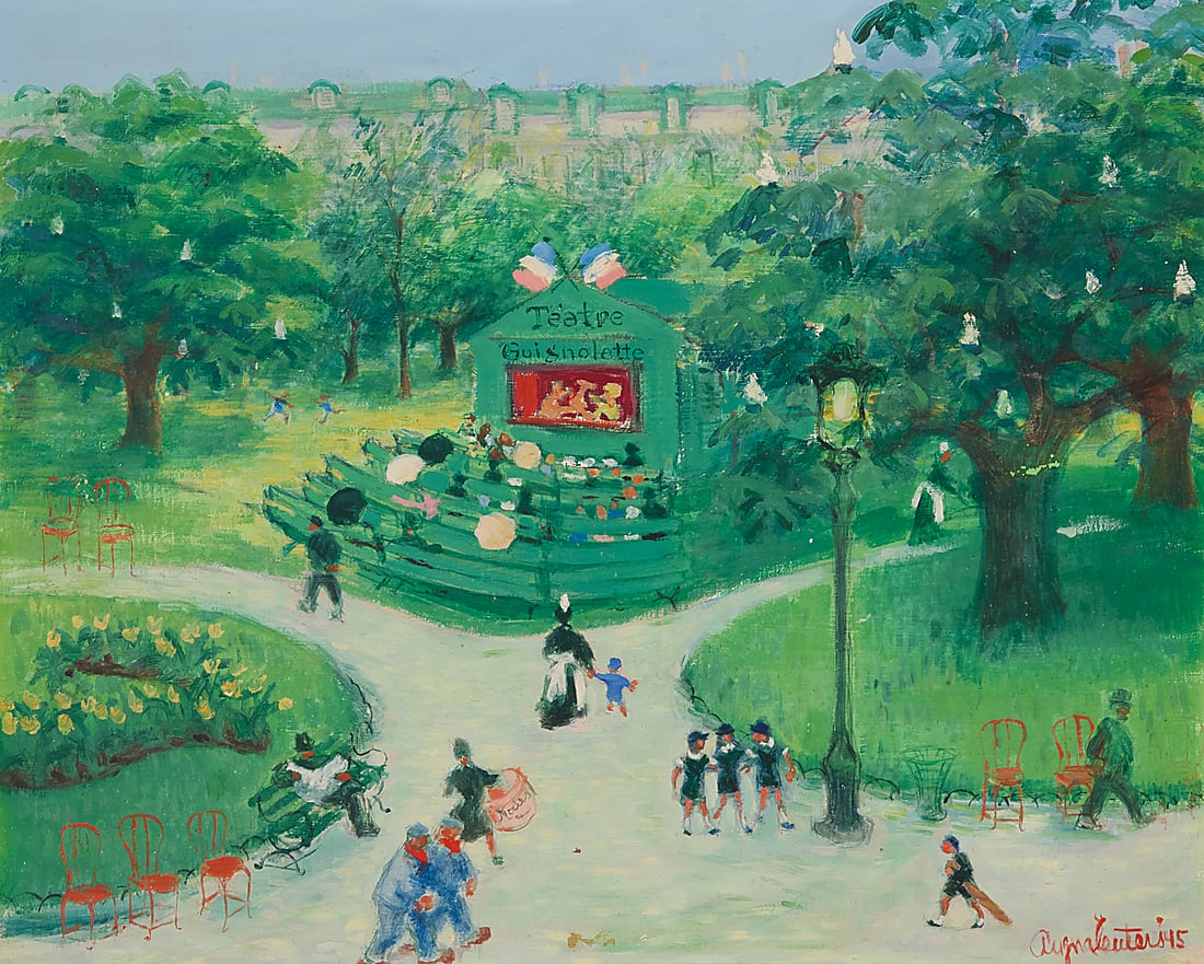 20th Century French School Théâtre Guignolette, 1945 Oil on Masonite Signed indistinctly and: 20th Century French School Théâtre Guignolette, 1945 Oil on Masonite Signed indistinctly and dated lower right: [possibly] Augnaleuters '45; titled indistinctly "Guignolette [?] Pont Paris" in penci