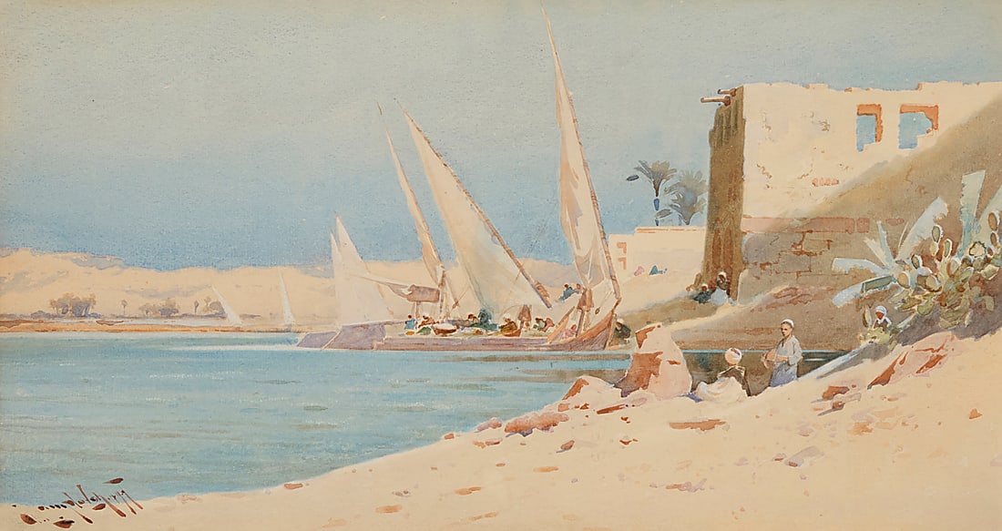 Augustus Lamplough (1877-1930) "Along the Nile River" Watercolor on paper Signed and: Augustus Lamplough (1877-1930) "Along the Nile River" Watercolor on paper Signed and indistinctly dated lower left: A. Lamplough; titled by repute Sight: 9 1/4 x 17 1/4in Provenance: Daniel Rees