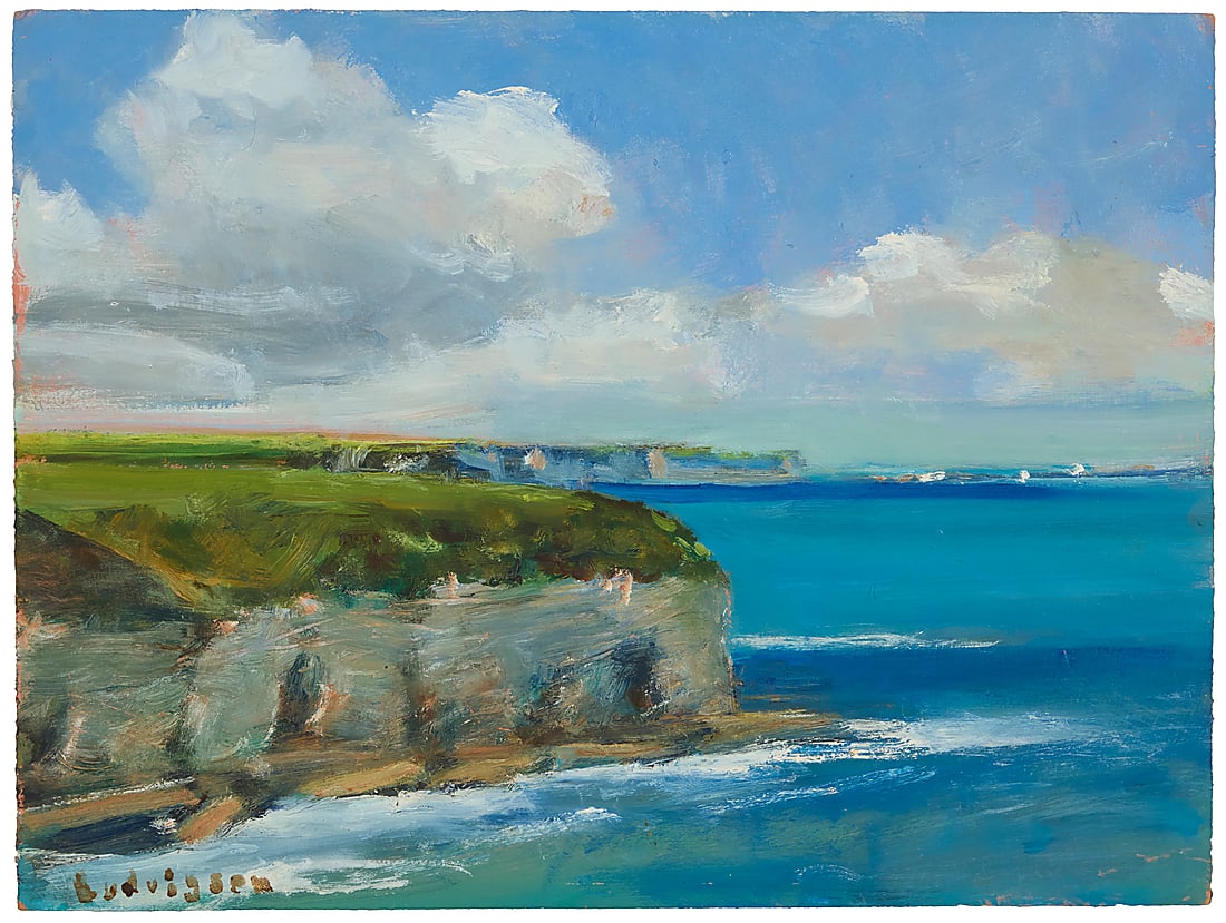 Malcolm Ludvigsen (b. 1946), "Flamborough Head, Yorkshire," 2007: Malcolm Ludvigsen (b. 1946) "Flamborough Head, Yorkshire," 2007 Oil on board Signed lower left: Ludvigsen; signed again, titled, and dated "2007," verso 12 x 16in