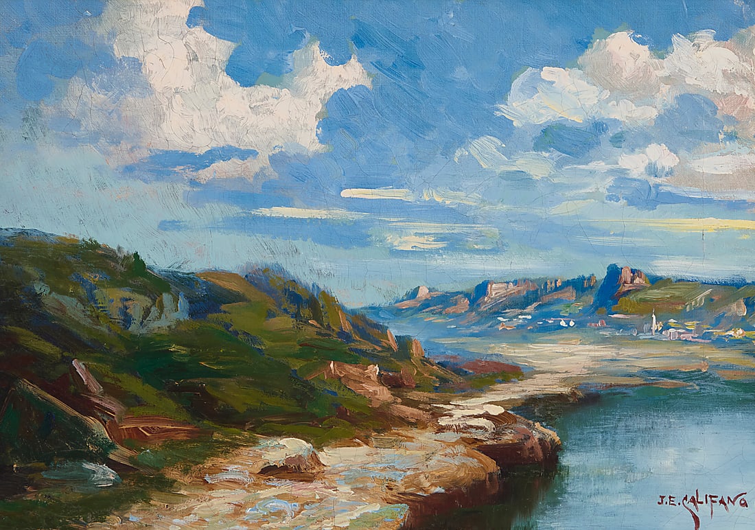 John Edmund Califano (1862-1946), Inlet with view of a distant town under a cloudy sky (1 of 6)