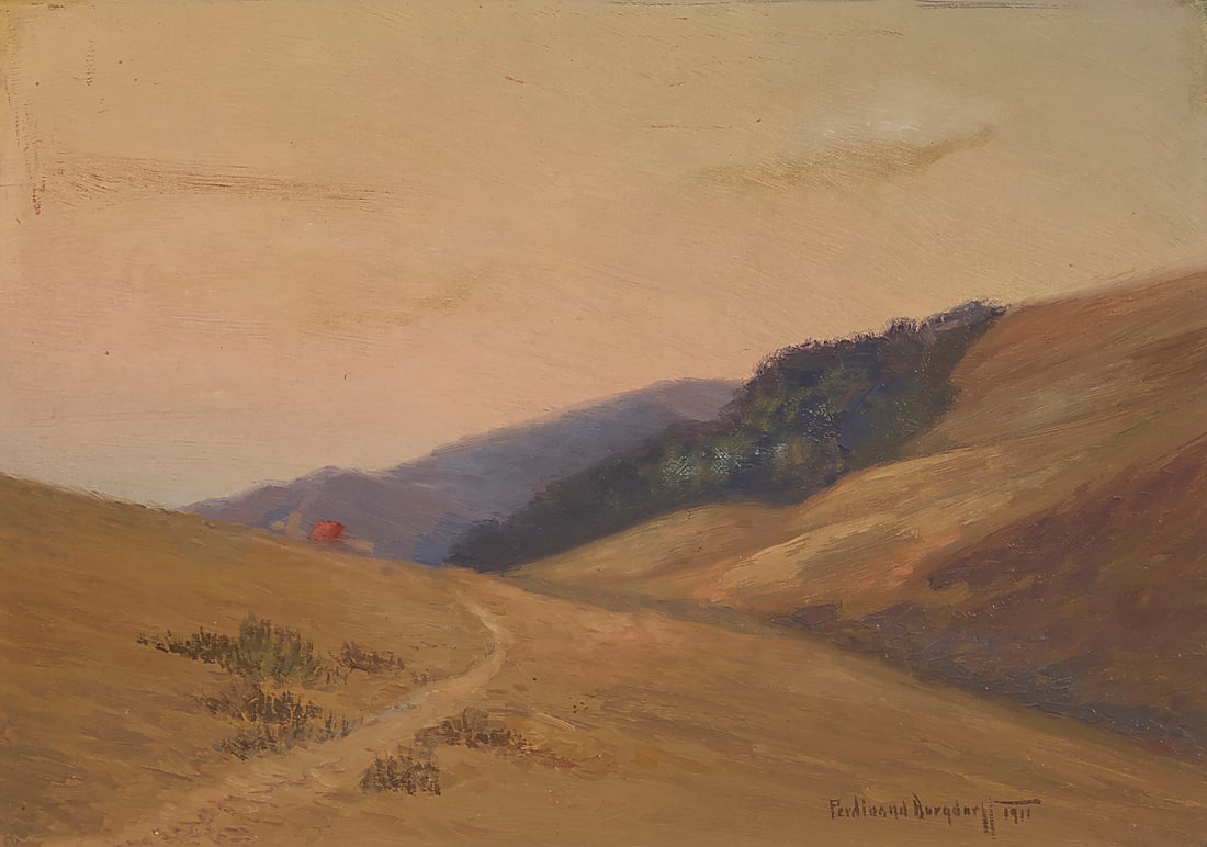 Ferdinand Burgdorff (1881-1975) Landscape with rolling hills, 1911 Oil on canvas Signed and: Ferdinand Burgdorff (1881-1975) Landscape with rolling hills, 1911 Oil on canvas Signed and dated lower right: Ferdinand Burgdorff 1911 10 1/4 x 14in Provenance: Jeff Olsen Collection, Newport B