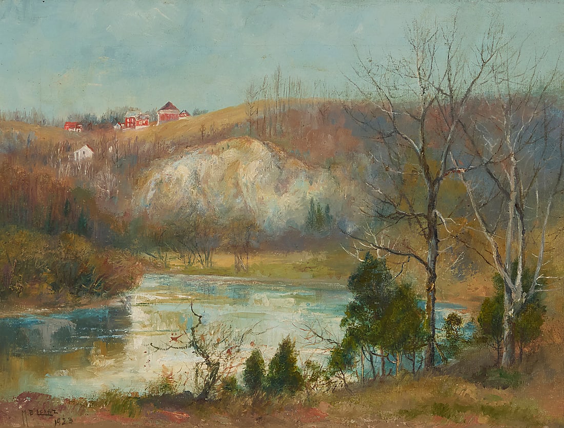 Mary B. Leisz (1876-1935) Pennsylvania valley landscape, 1923 Oil on canvas Signed and dated: Mary B. Leisz (1876-1935) Pennsylvania valley landscape, 1923 Oil on canvas Signed and dated lower left: M.B. Leisz / 1923 14 1/8 x 18 1/2in