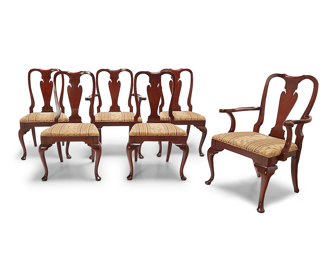 A set of six Queen Anne style dining chairs 20th century Likely Hickory Chair Company, comprising (1 of 7)