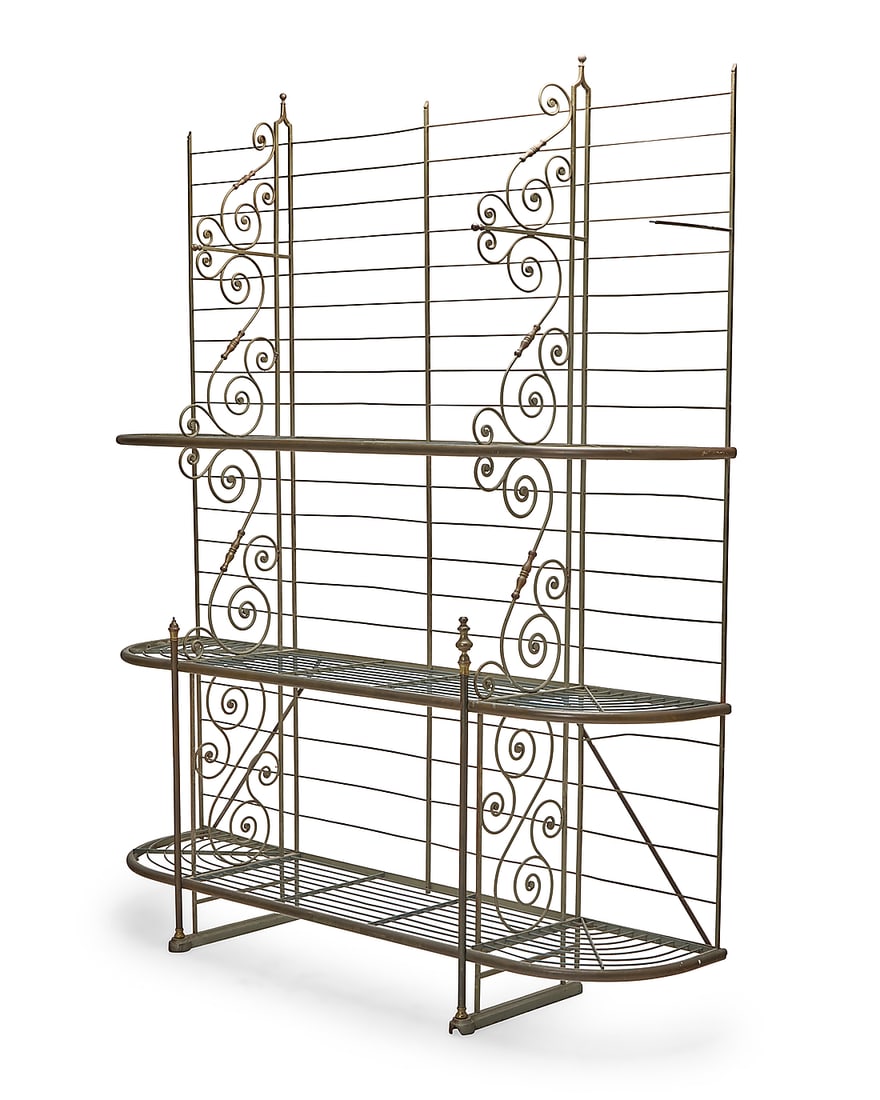 A French baker's rack Early 20th century Brass and metal alloy, with laddered back and three tiers (1 of 11)
