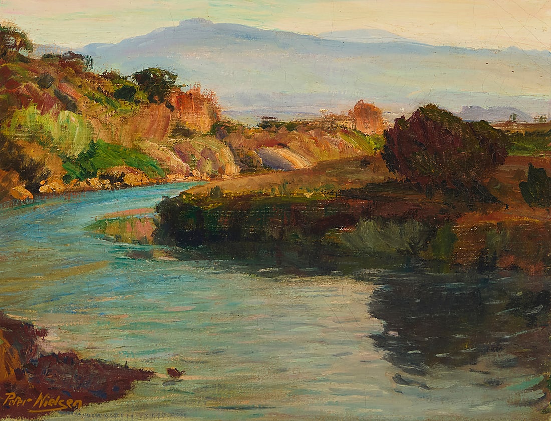 Peter Nielsen (1873-1965) A river near foothills Oil on canvas Signed lower left: Peter Nielsen; (1 of 6)