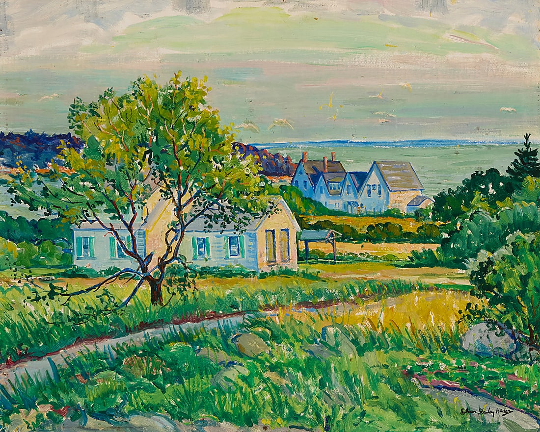 Ethan Stanley Hader (1889-1973) Seascape village Oil on canvasboard Stamped signature lower: Ethan Stanley Hader (1889-1973) Seascape village Oil on canvasboard Stamped signature lower right: Ethan Stanley Hader; with the artist's estate stamps verso 16 x 20in Provenance: The Collection