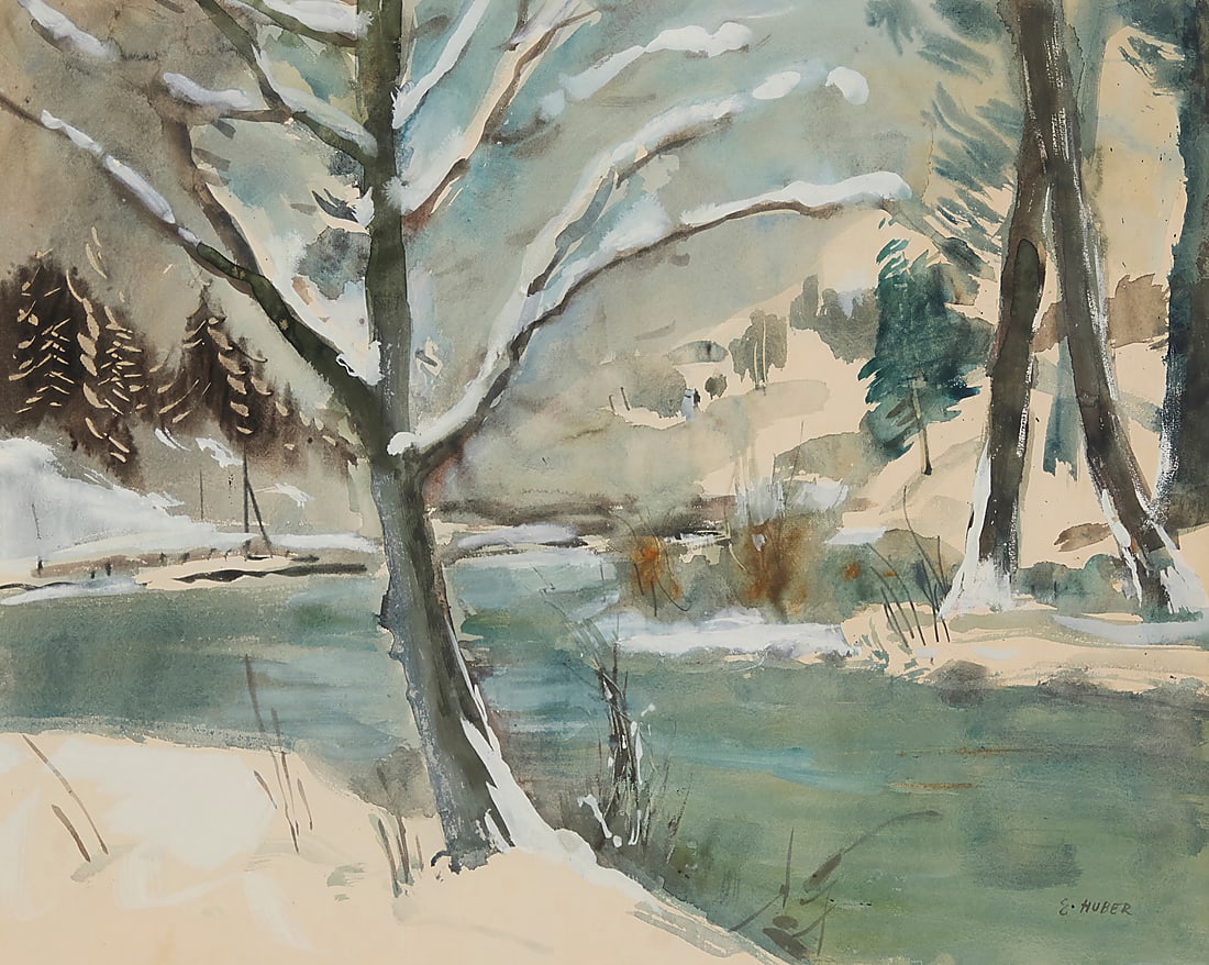 Ernst Huber (1895-1960) Snowy landscape Watercolor and gouache on paper Signed lower right: E.: Ernst Huber (1895-1960) Snowy landscape Watercolor and gouache on paper Signed lower right: E. Huber Sight: 18.75 x 23.5in