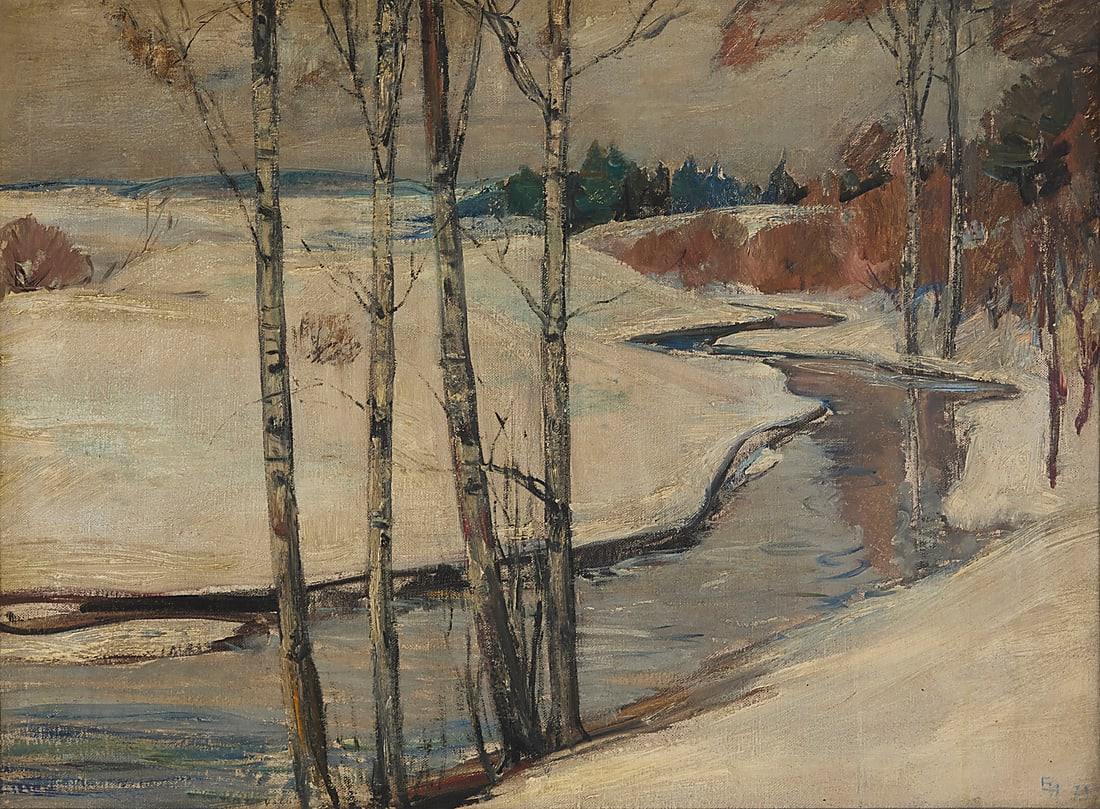 Ejnar Hansen (1884-1965) Winter landscape, 1921 Oil on canvas Signed with initials and dated: Ejnar Hansen (1884-1965) Winter landscape, 1921 Oil on canvas Signed with initials and dated indistinctly lower right: EH 21 (?) 21 x 28in