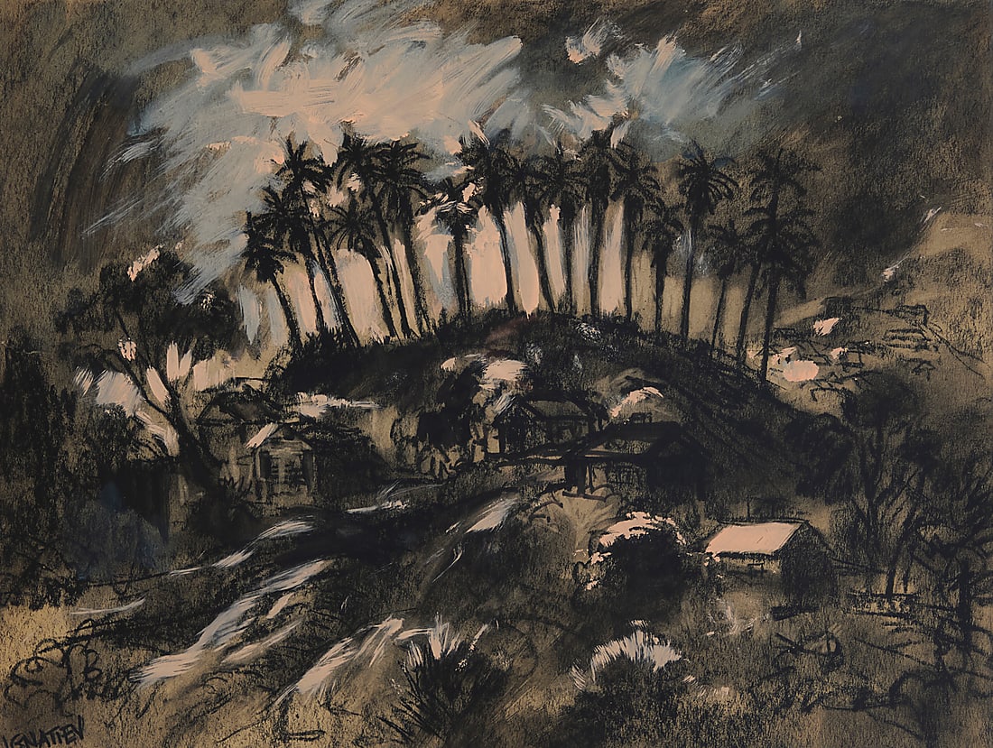 Alex Ignatiev (1913-1995), "Hill in Hollywood with Palm Trees" (Near Hollywood Bowl): Alex Ignatiev (1913-1995) "Hill in Hollywood with Palm Trees" (Near Hollywood Bowl) Tempera and black chalk on board Signed lower left: Ignatiev; titled on a photocopy of the verso affixed to the fram