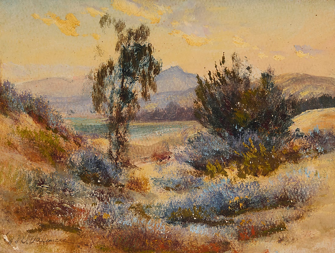 Manuel Valencia (1856-1935), Trees, wildflowers, and mountains: Manuel Valencia (1856-1935) Trees, wildflowers, and mountains Oil on board Signed lower left: M. Valencia; inscribed indistinctly in pencil, verso 9 1/8 x 12in
