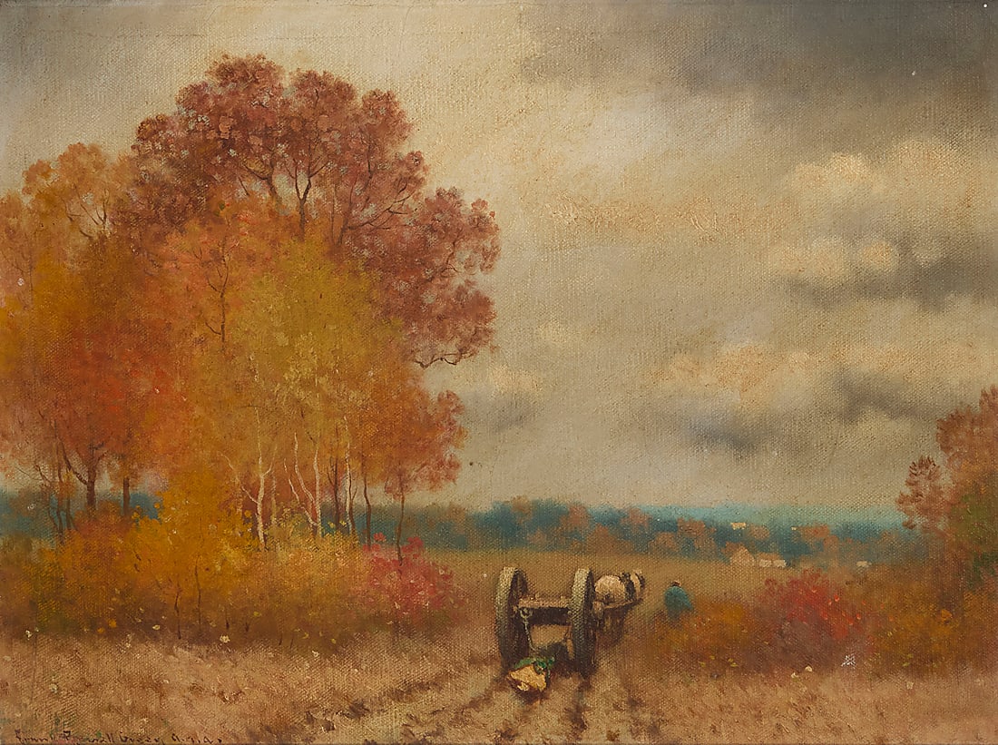 Frank Russell Green (1856-1940), Horse-drawn wagon in a landscape: Frank Russell Green (1856-1940) Horse-drawn wagon in a landscape Oil on canvas laid to board Signed lower left: Frank Russell Green A.N.A. 12 x 16in